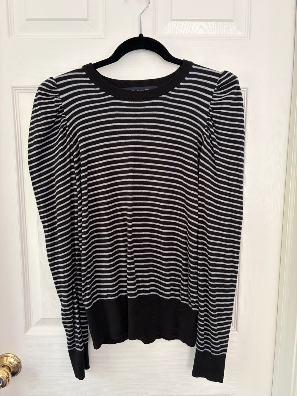 French Connection Black and Gray Striped Crewneck Sweater